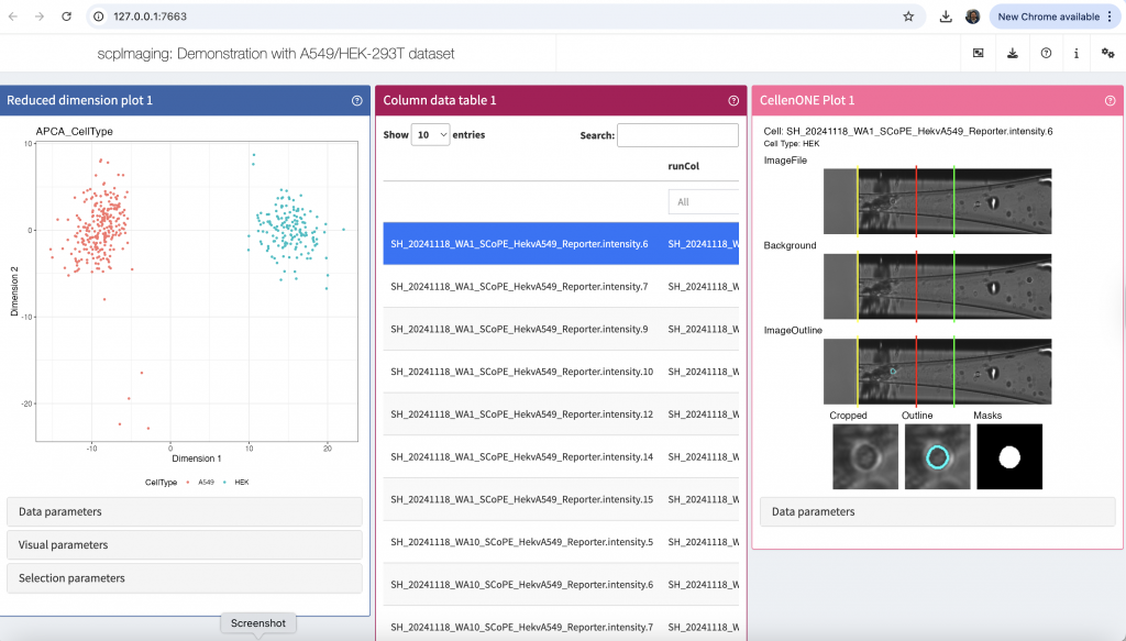 Screen capture showing an iSEE app containing a cellenONEplot for visualising micrographs prepared by a cellenONE instrument.